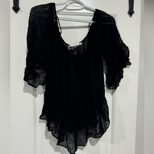 Zara Trafaluc Black Sheer Ruffle Hem Peasant Blouse Women’s Boho Top